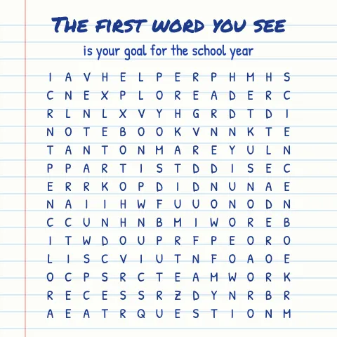 The first word you see is your goal for the school year: word grid puzzle