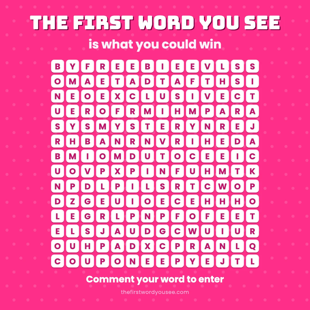 The first word you see is what you could win. Word grid hiding 16 words: BONUS, BUNDLE, COUPON, CREDIT, DELUXE, DISCOUNT, EXCLUSIVE, FREEBIE, JACKPOT, MERCH, MYSTERY, REFILL, SAMPLE, SHIPPING, UPGRADE, VOUCHER.