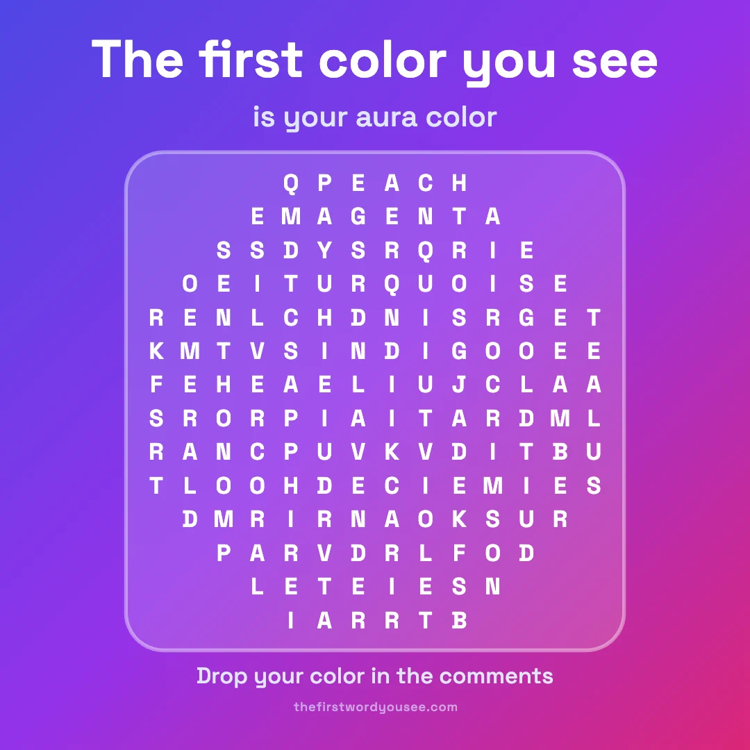 The first color you see is your aura color. Word grid hiding 16 words: AMBER, CORAL, CRIMSON, EMERALD, GOLD, INDIGO, JADE, LAVENDER, MAGENTA, PEACH, ROSE, SAPPHIRE, SILVER, TEAL, TURQUOISE, VIOLET.