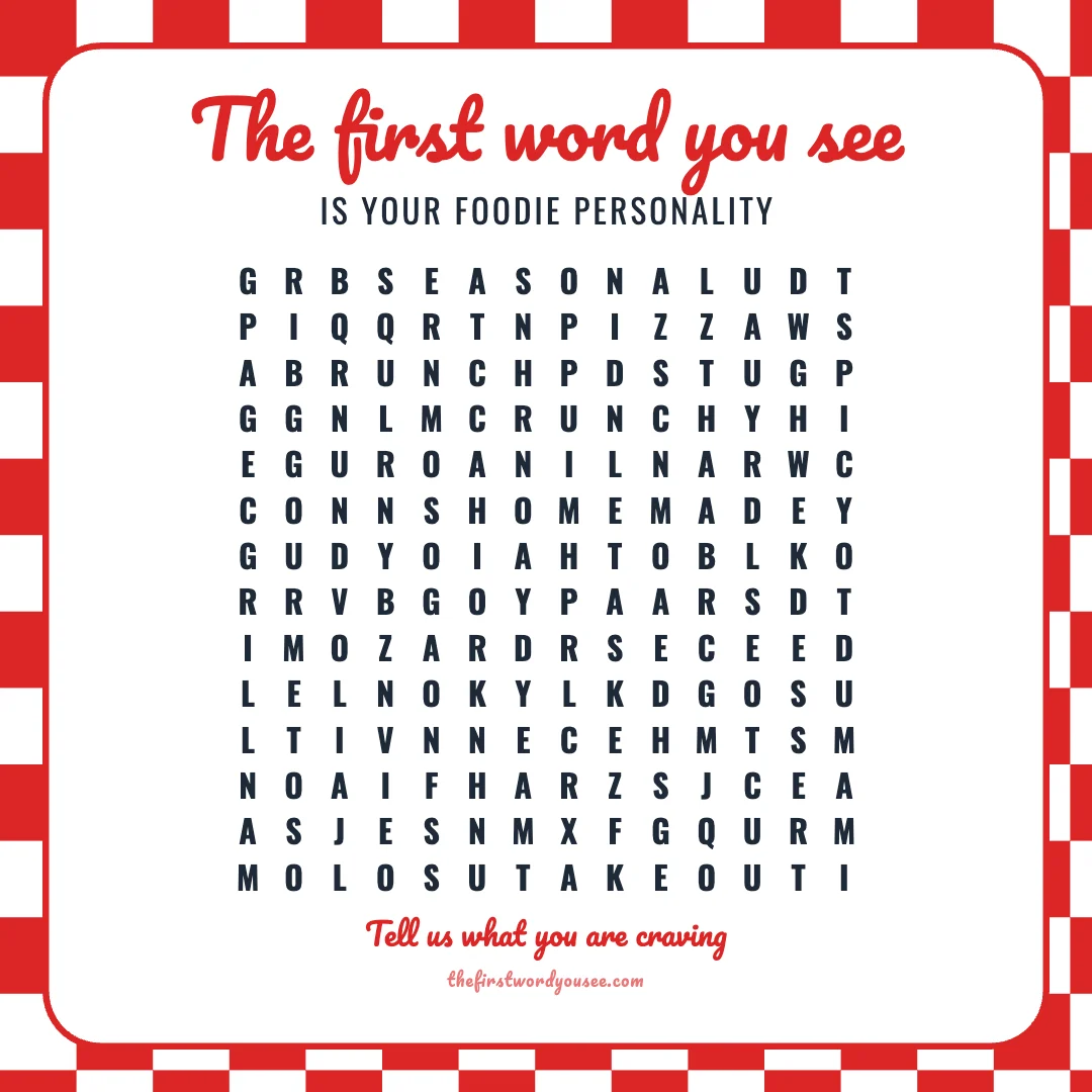 The first word you see is your foodie personality. Word grid hiding 16 words: BAKER, BRUNCH, CRUNCHY, DESSERT, GOURMET, GRILL, HOMEMADE, NOODLES, PIZZA, SAVORY, SEASONAL, SNACKER, SPICY, TACOS, TAKEOUT, UMAMI.