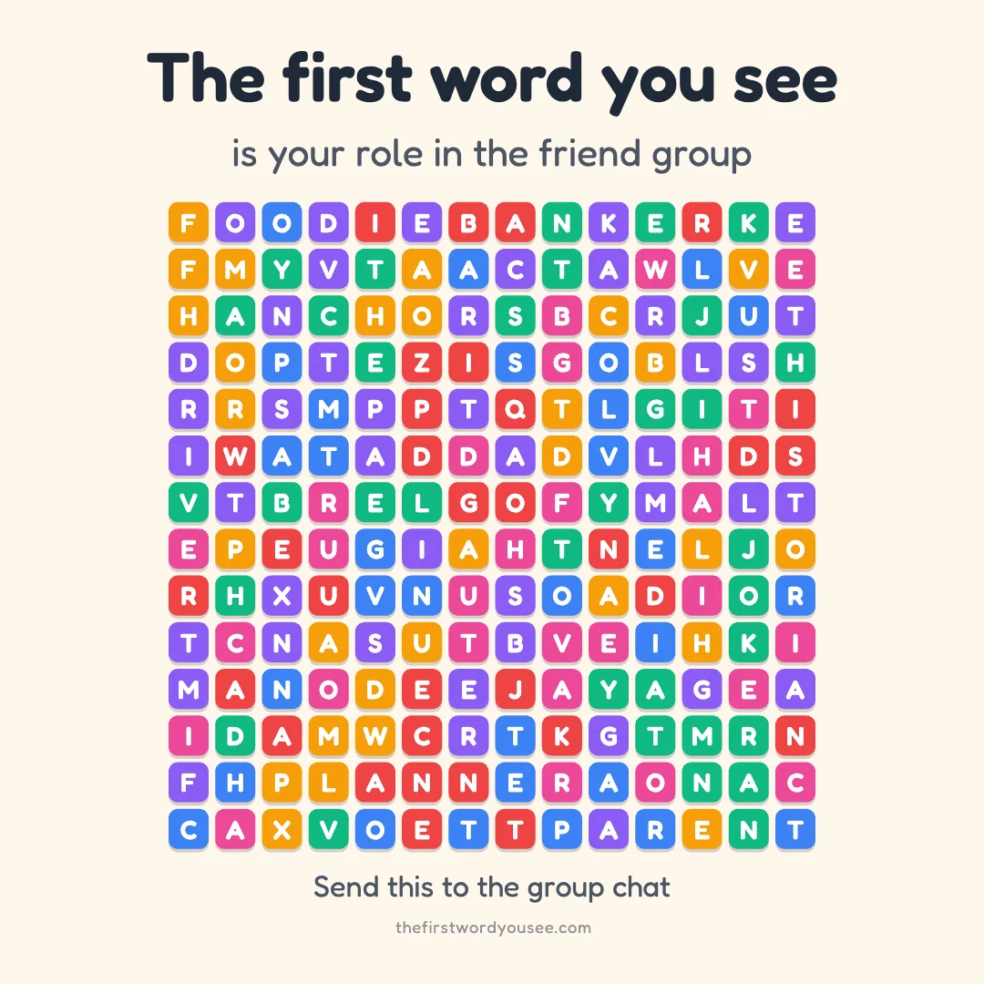 The first word you see is your role in the friend group. Word grid hiding 16 words: ANCHOR, BANKER, CHAOS, DEEJAY, DRIVER, FOODIE, GLUE, HISTORIAN, HOST, JOKER, MEDIATOR, NAVIGATOR, PARENT, PLANNER, STYLIST, THERAPIST.