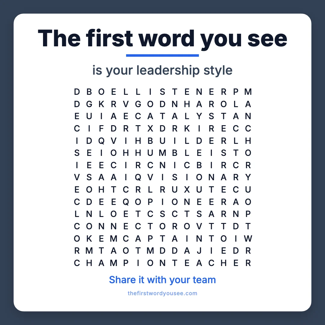 The first word you see is your leadership style. Word grid hiding 16 words: ADVOCATE, ANCHOR, BUILDER, CANDID, CAPTAIN, CATALYST, CHAMPION, COACH, CONNECTOR, DECISIVE, GUIDE, HUMBLE, LISTENER, PIONEER, TEACHER, VISIONARY.