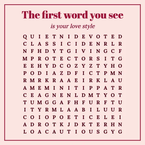 The first word you see is your love style: word grid puzzle
