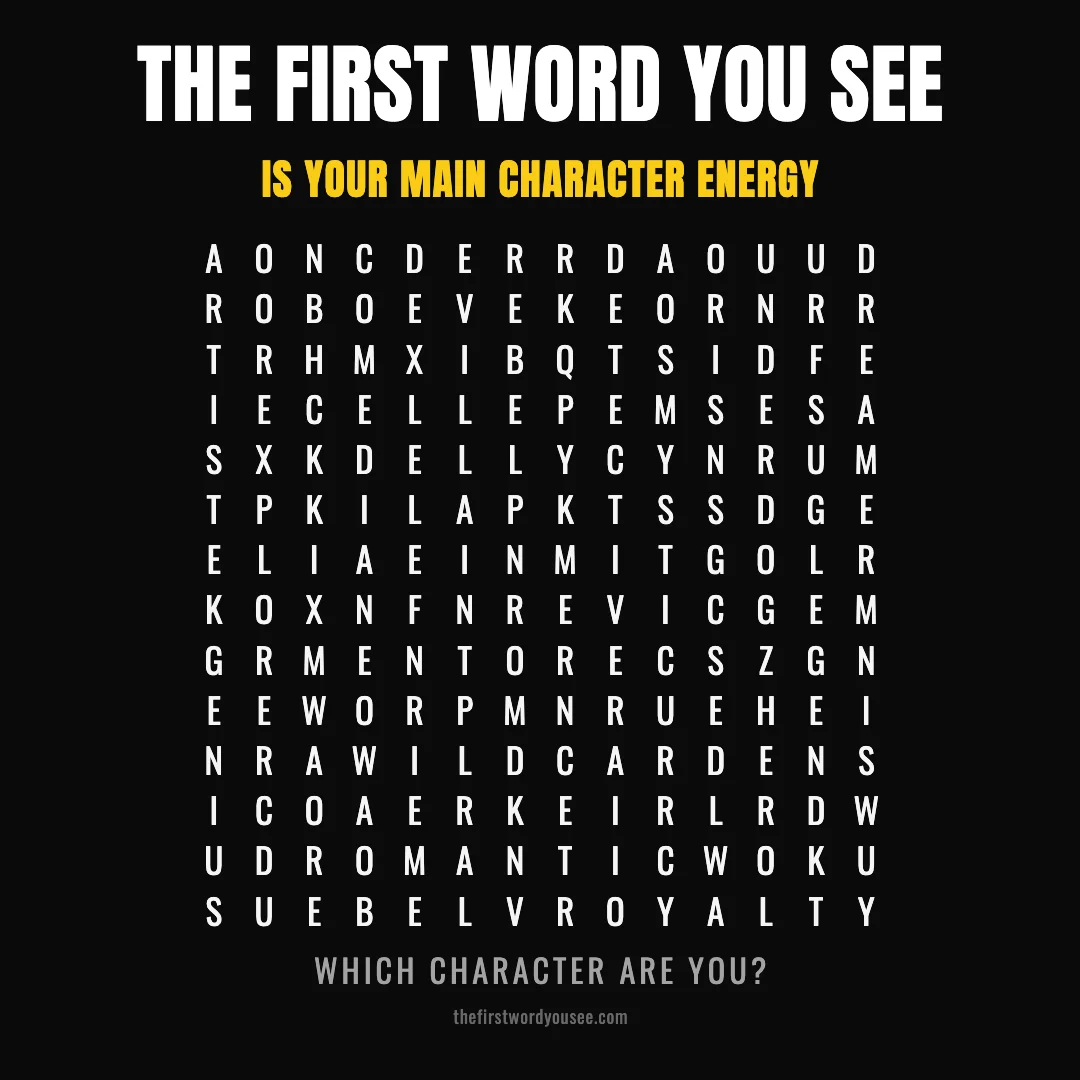 The first word you see is your main character energy. Word grid hiding 16 words: ARTIST, COMEDIAN, DETECTIVE, DREAMER, EXPLORER, GENIUS, HERO, LEGEND, MENTOR, MYSTIC, REBEL, ROMANTIC, ROYALTY, UNDERDOG, VILLAIN, WILDCARD.