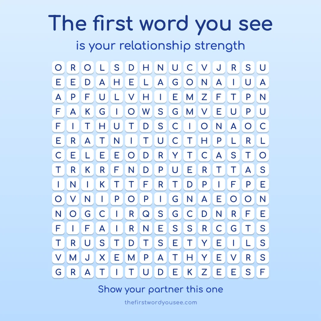 The first word you see is your relationship strength. Word grid hiding 16 words: AFFECTION, CLOSENESS, COMMITTED, DEVOTION, EMPATHY, FAIRNESS, FORGIVE, GRATITUDE, LAUGHTER, PATIENCE, REPAIR, RITUALS, SUPPORT, SURPRISES, TALKING, TRUST.