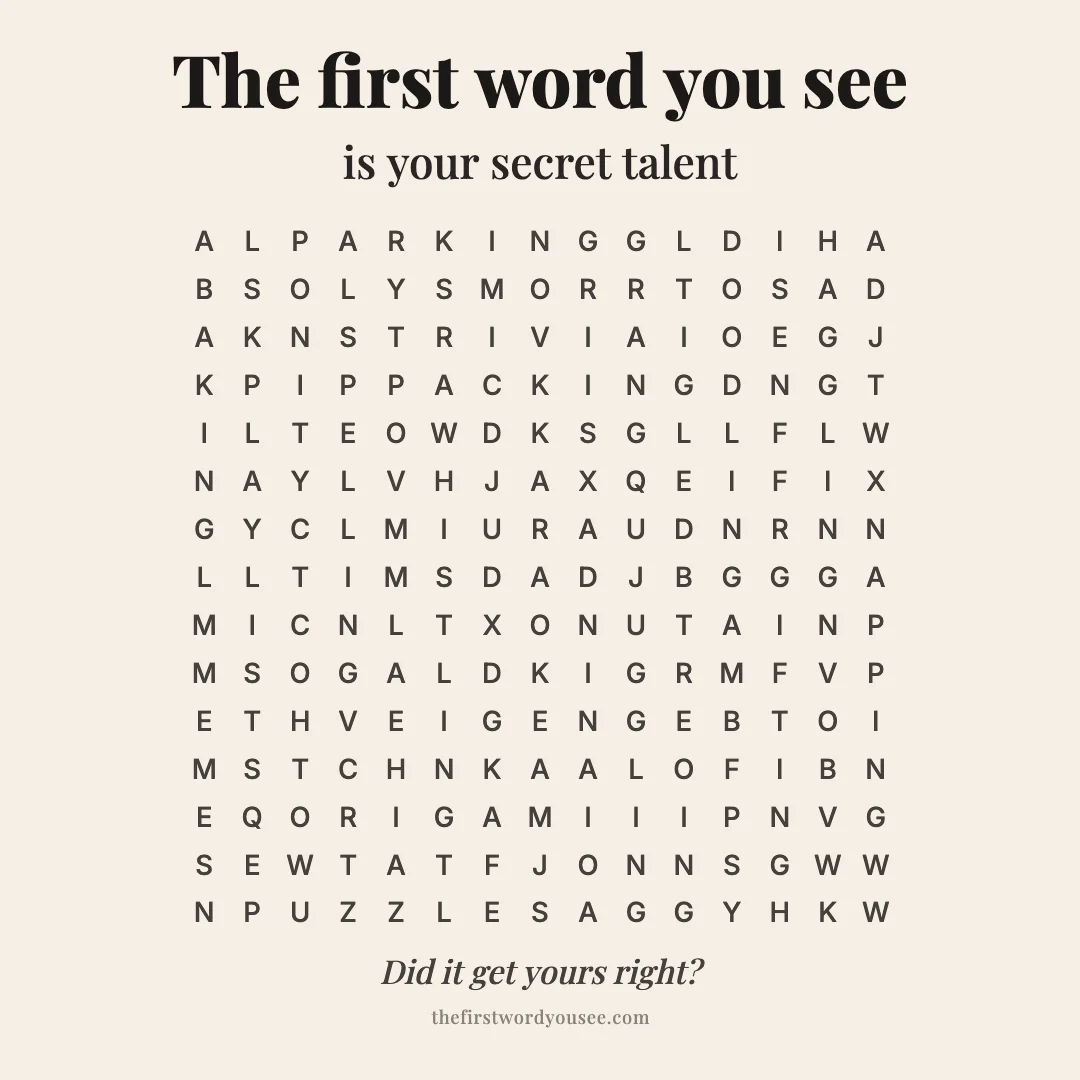 The first word you see is your secret talent. Word grid hiding 16 words: BAKING, DOODLING, GIFTING, HAGGLING, JUGGLING, KARAOKE, MEMES, NAPPING, ORIGAMI, PACKING, PARKING, PLAYLISTS, PUZZLES, SPELLING, TRIVIA, WHISTLING.