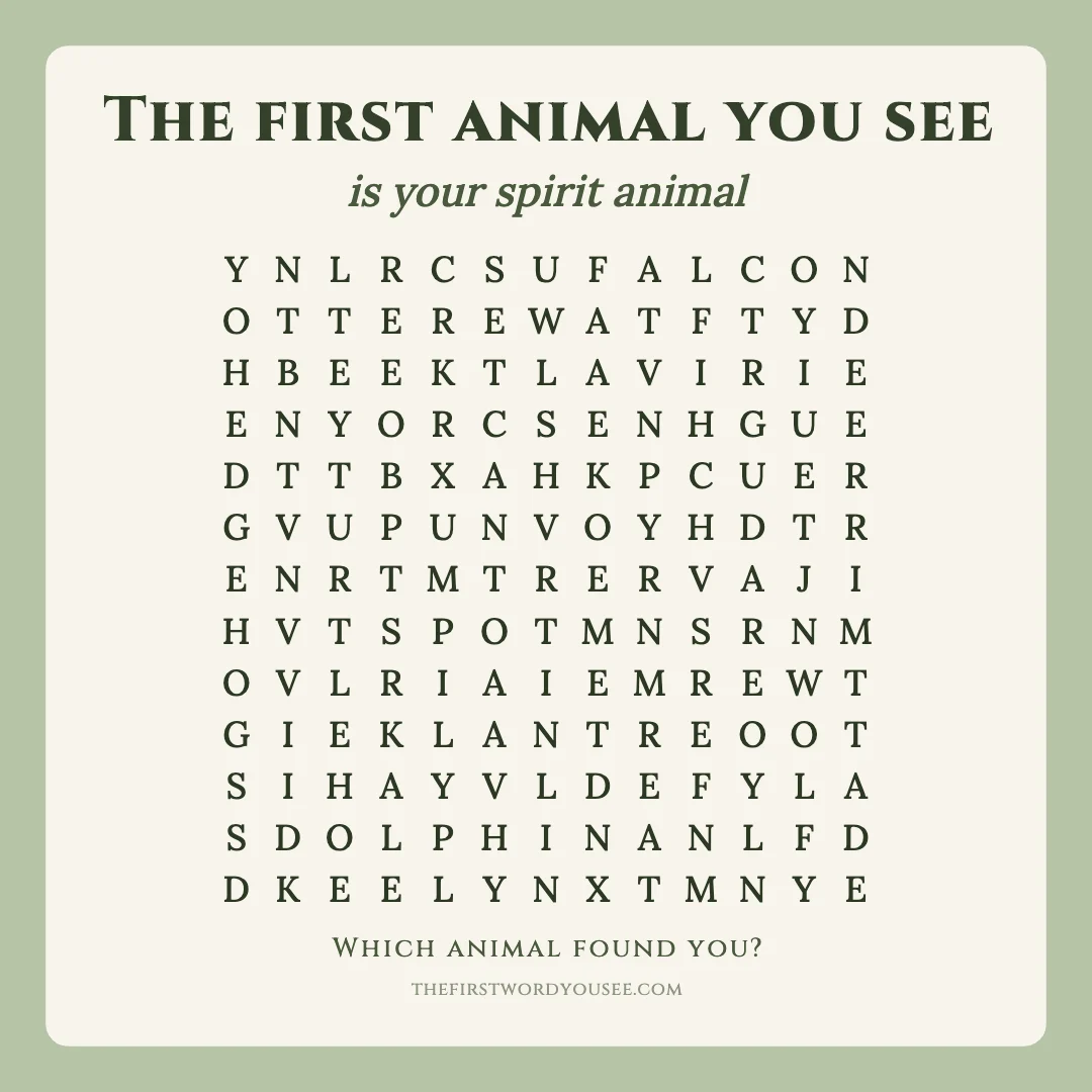 The first animal you see is your spirit animal. Word grid hiding 16 words: BUTTERFLY, DEER, DOLPHIN, ELEPHANT, FALCON, HEDGEHOG, HORSE, KOALA, LYNX, OTTER, PANDA, RAVEN, SWAN, TIGER, TURTLE, WOLF.