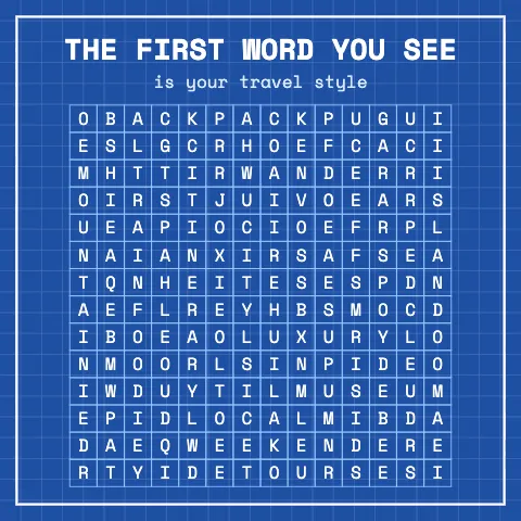 The first word you see is your travel style: word grid puzzle